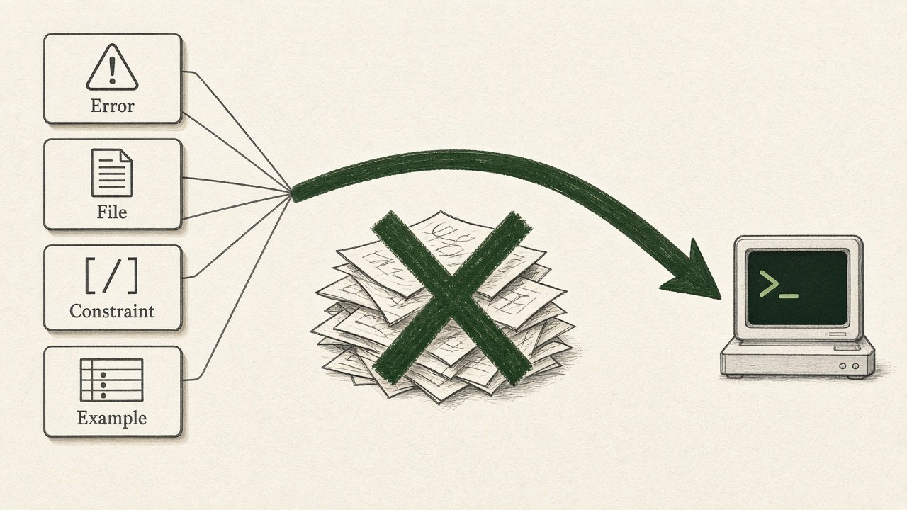 Four cards labeled Error, File, Constraint, and Example. An arrow passes over a crossed-out pile of papers and lands on a terminal.