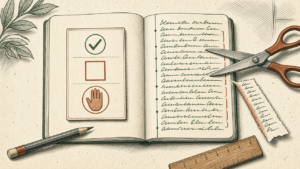 An open notebook. A card on the left holds three rules: a check, a boundary, and a stop. Scissors cut away writing that crossed the margin on the right.