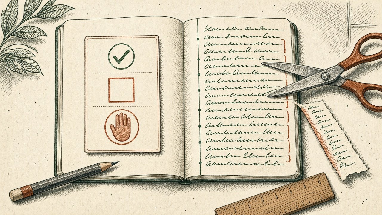 An open notebook. A card on the left holds three rules: a check, a boundary, and a stop. Scissors cut away writing that crossed the margin on the right.