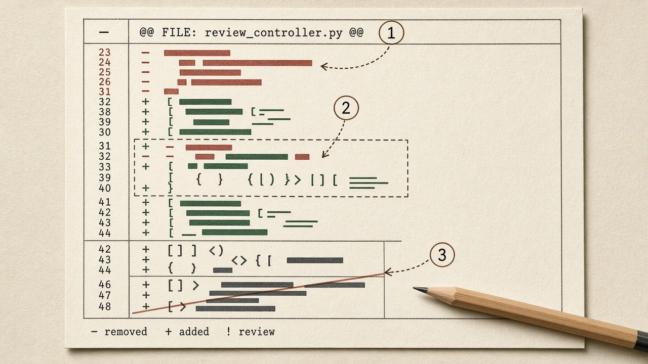 A diff sheet marked in three passes: the file list, one changed hunk, and a leftover block, with a pencil beside the page.