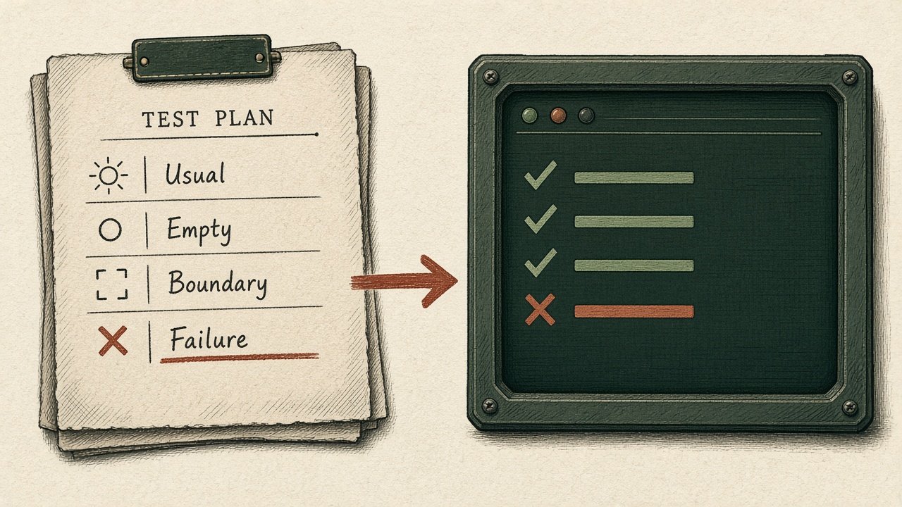 A test plan with four rows: Usual, Empty, Boundary, and Failure. The failure row is underlined and shown as the one red result on a terminal.