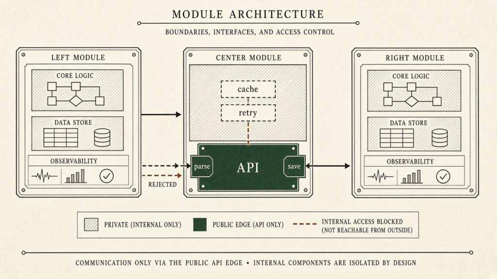 Three modules. Neighbors reach the center only through a public API marked parse and save. Cache and retry stay inside, and a side path is marked rejected.
