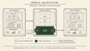 Three modules. Neighbors reach the center only through a public API marked parse and save. Cache and retry stay inside, and a side path is marked rejected.