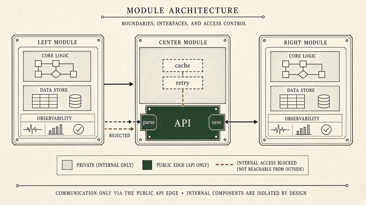 Three modules. Neighbors reach the center only through a public API marked parse and save. Cache and retry stay inside, and a side path is marked rejected.