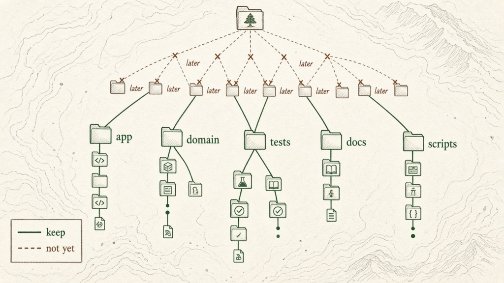 A map of a repository. The paths app, domain, tests, docs, and scripts are drawn solid. Other branches are dashed and marked not yet.