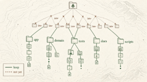 A map of a repository. The paths app, domain, tests, docs, and scripts are drawn solid. Other branches are dashed and marked not yet.