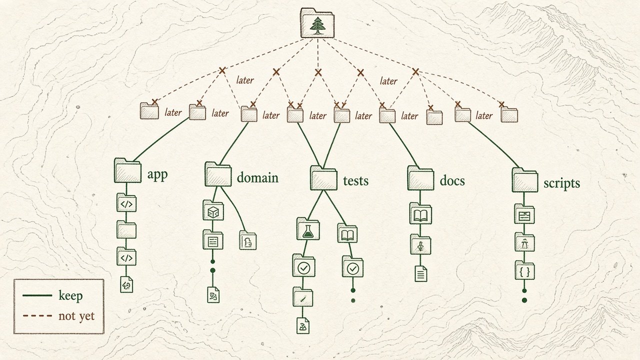 A map of a repository. The paths app, domain, tests, docs, and scripts are drawn solid. Other branches are dashed and marked not yet.